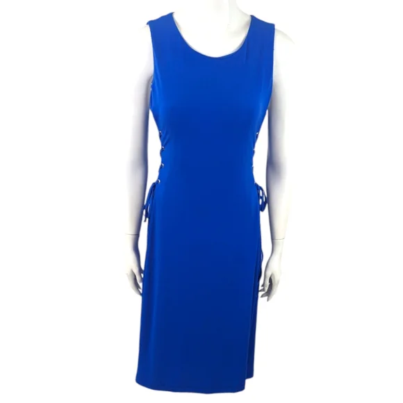 Tahari Lace Up Stretch Sheath Dress Womens Medium NEW Blue Career Work Dress - Picture 4 of 13